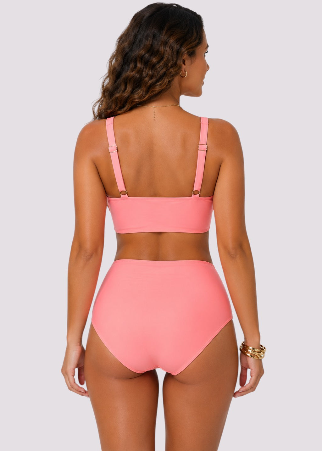 Double Ruched High Waisted Cross Over Bikini Set - Coral-Cheekkah