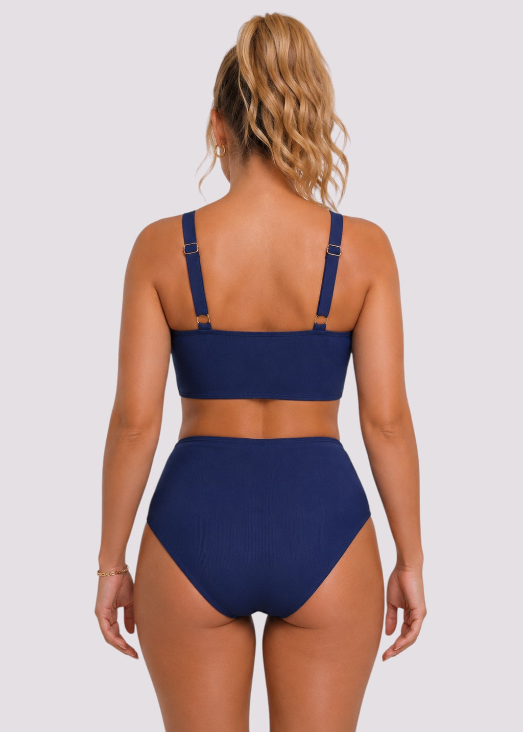 Double Ruched High Waisted Cross Over Bikini Set - Navy