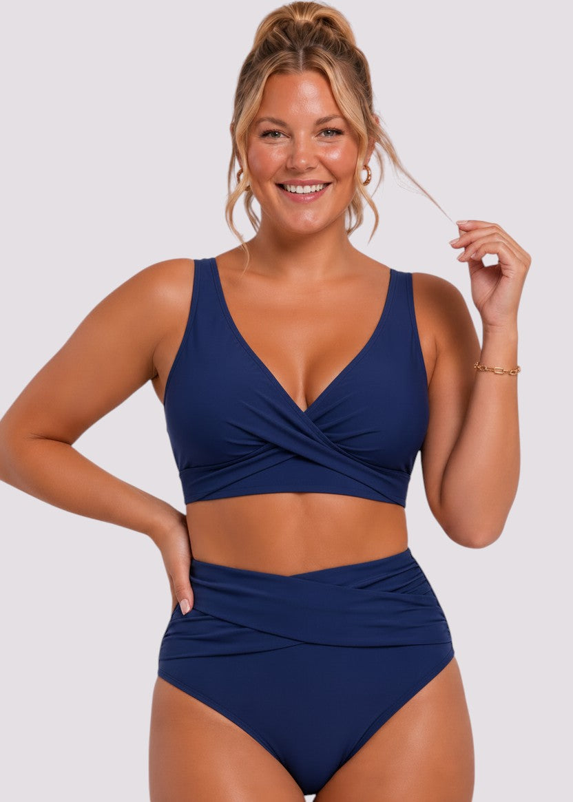Double Ruched High Waisted Cross Over Bikini Set - Navy