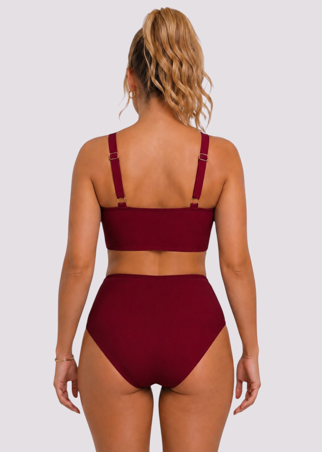 Double Ruched High Waisted Cross Over Bikini Set - Wine Red