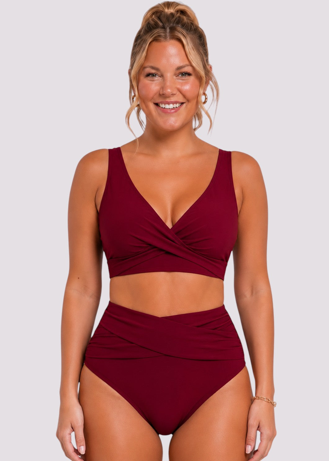 Double Ruched High Waisted Cross Over Bikini Set - Wine Red