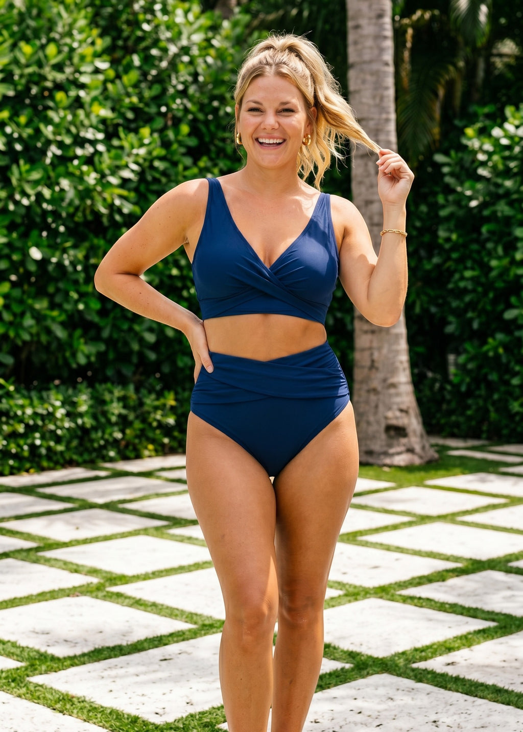 Double Ruched High Waisted Cross Over Bikini Set - Navy