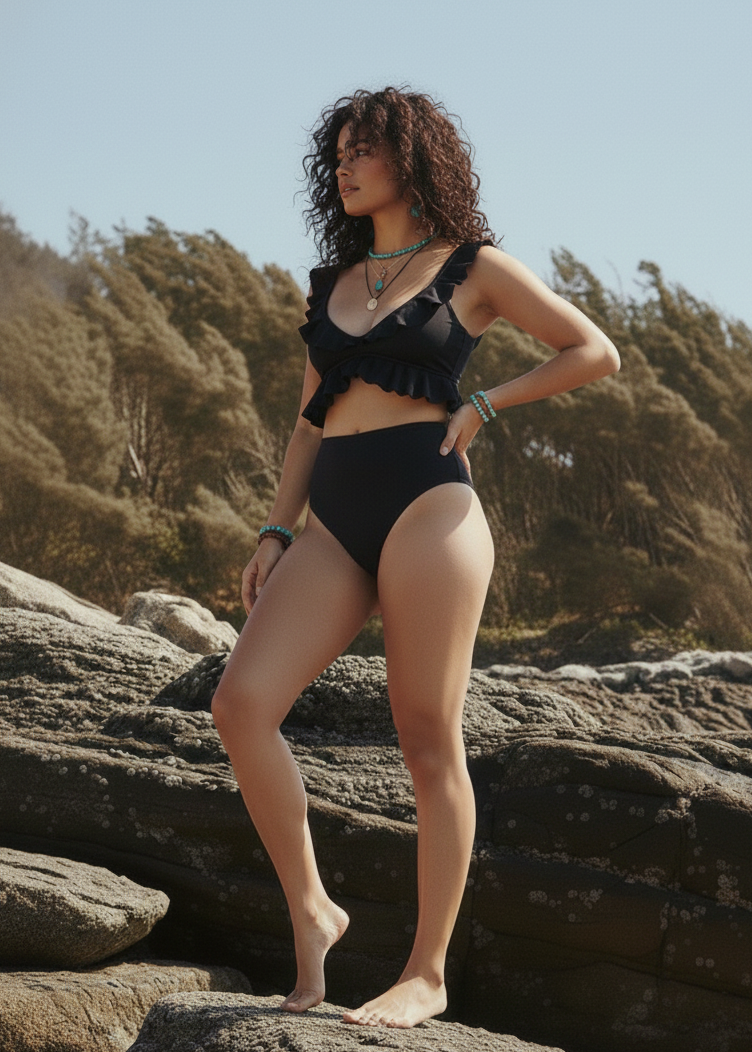 High Waisted Ruffle Bikini Set - Black