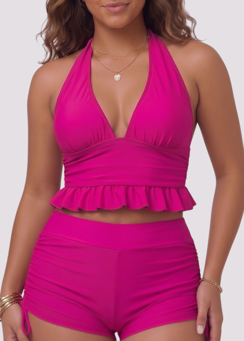 Deep V Ruffle Halter with Tie Side Shorties - Pink-Cheekkah