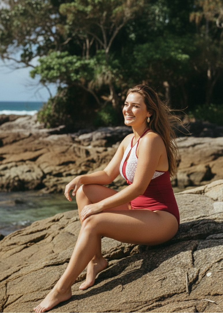 High Neck One Piece with Lace Detail - Red