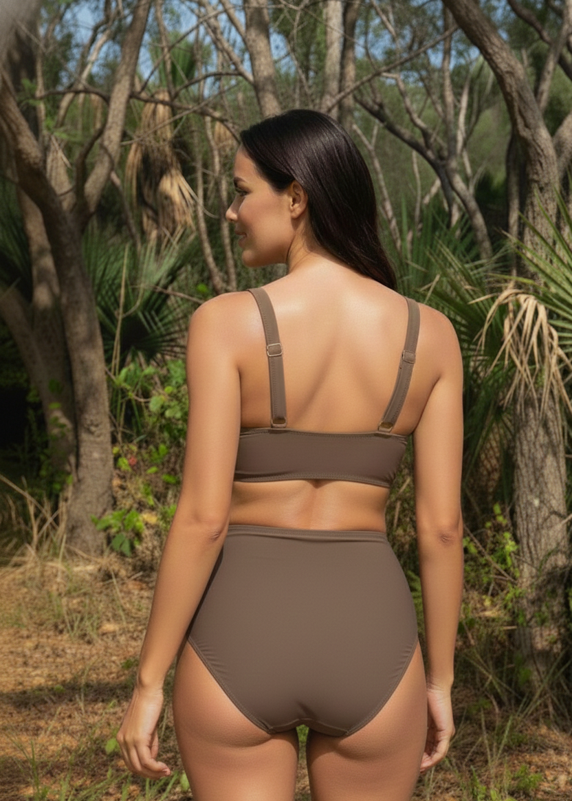 High Waisted Mesh V Neck Bikini Set - Brown