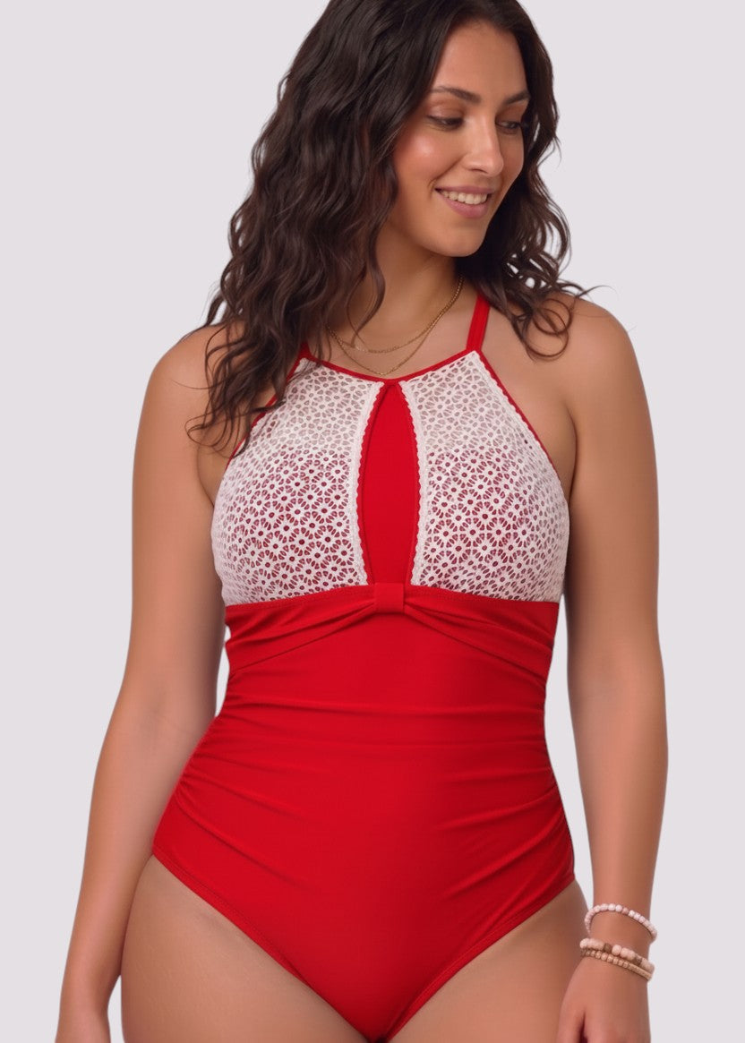 High Neck One Piece with Lace Detail - Red-Cheekkah