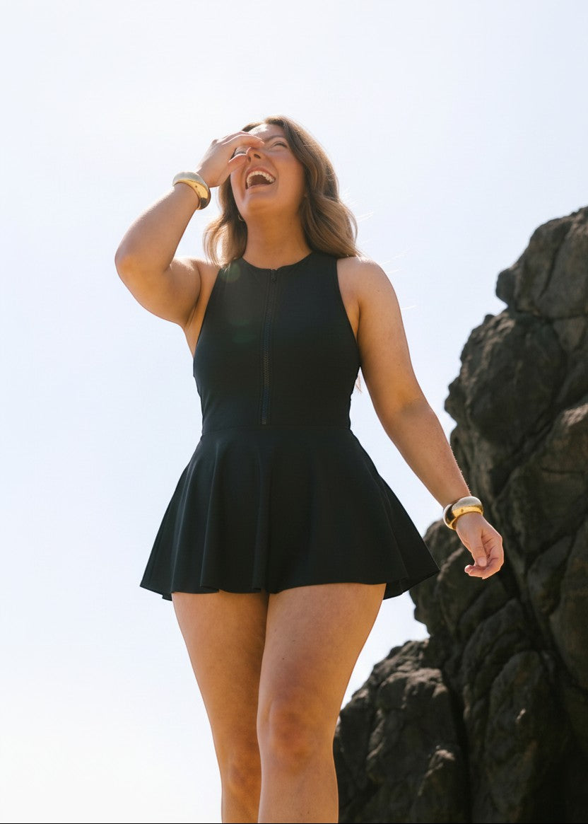 Zip Front Swim Dress - Black-Cheekkah