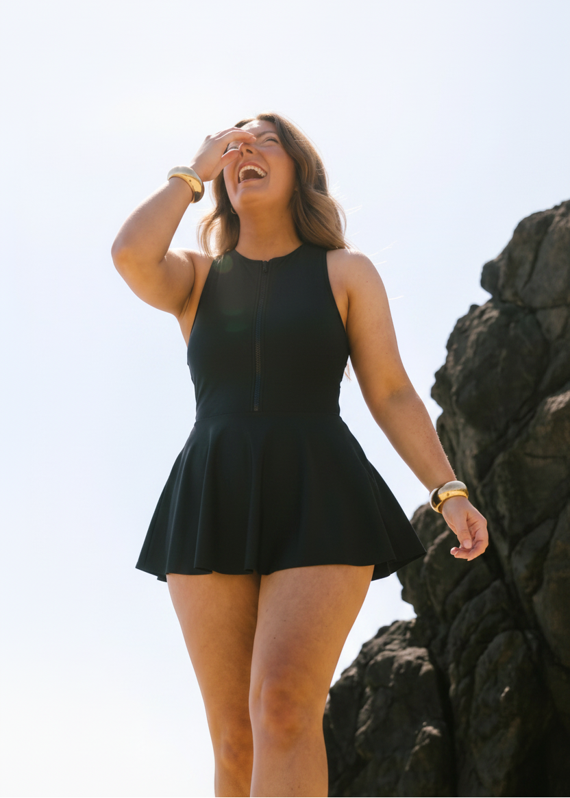 Zip Front Swim Dress - Black-Cheekkah