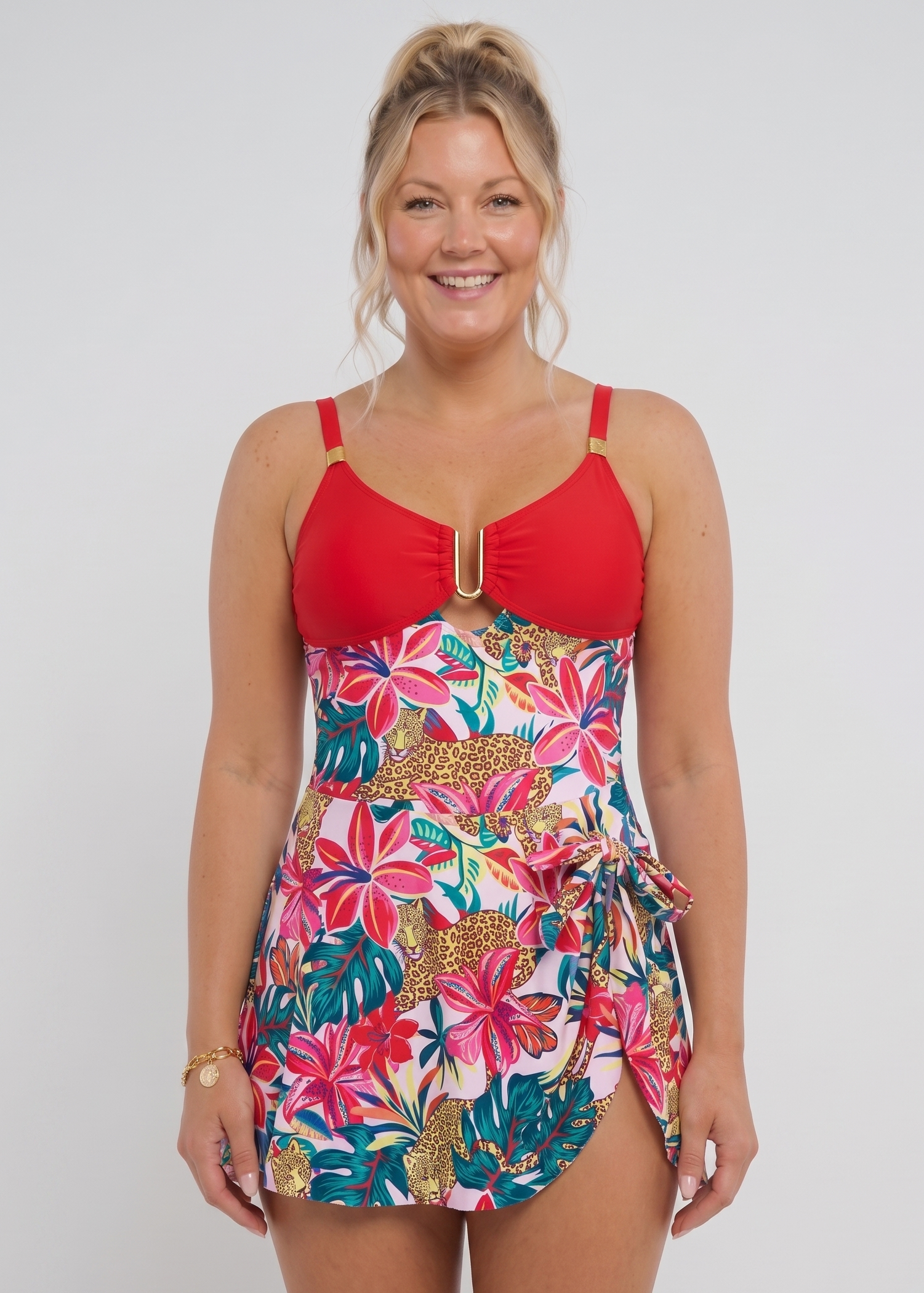 Cute Curves Swim Dress with Gold Buckle - Jaguar Jungle-Cheekkah