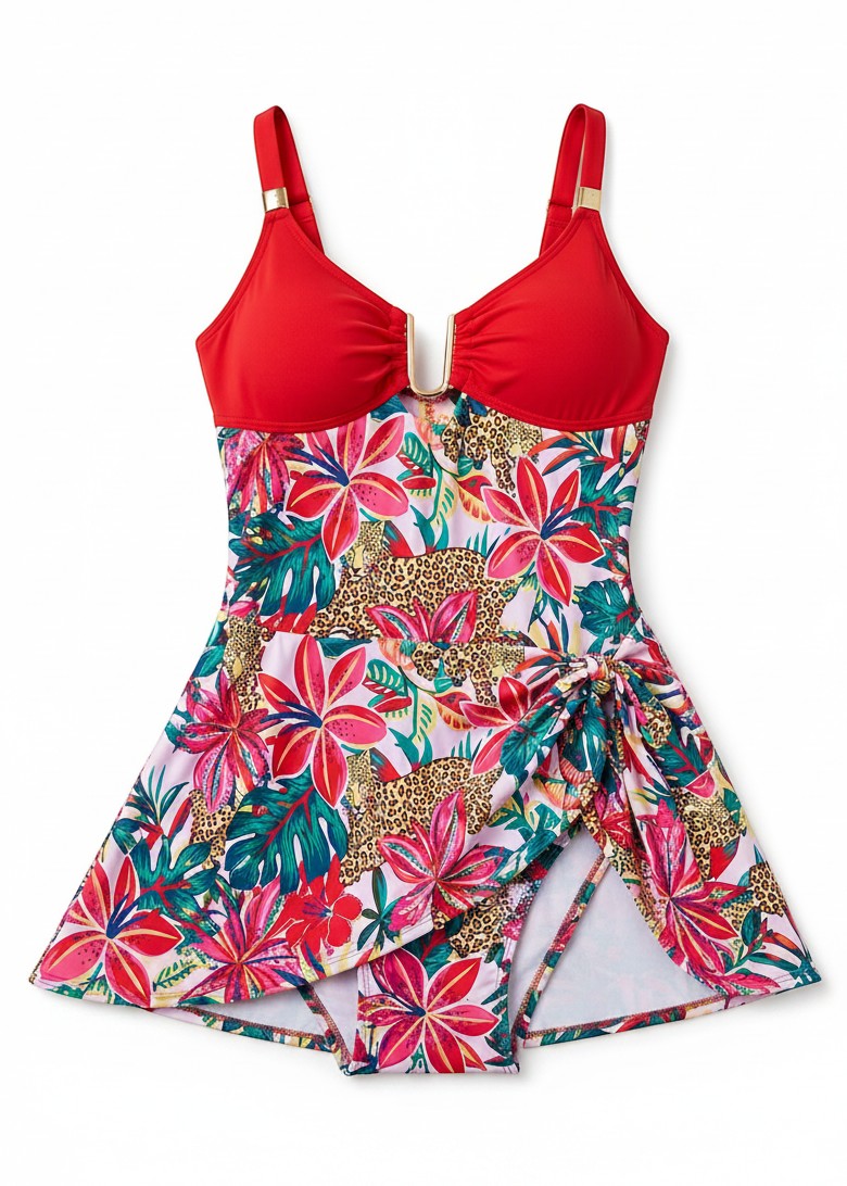 Cute Curves Swim Dress with Gold Buckle - Jaguar Jungle-Cheekkah