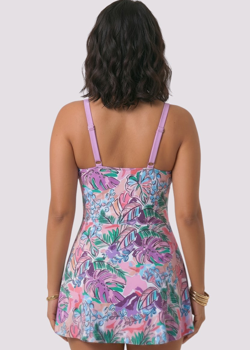 Cute Curves Swim Dress with Gold Buckle - Lost Island Leaf-Cheekkah