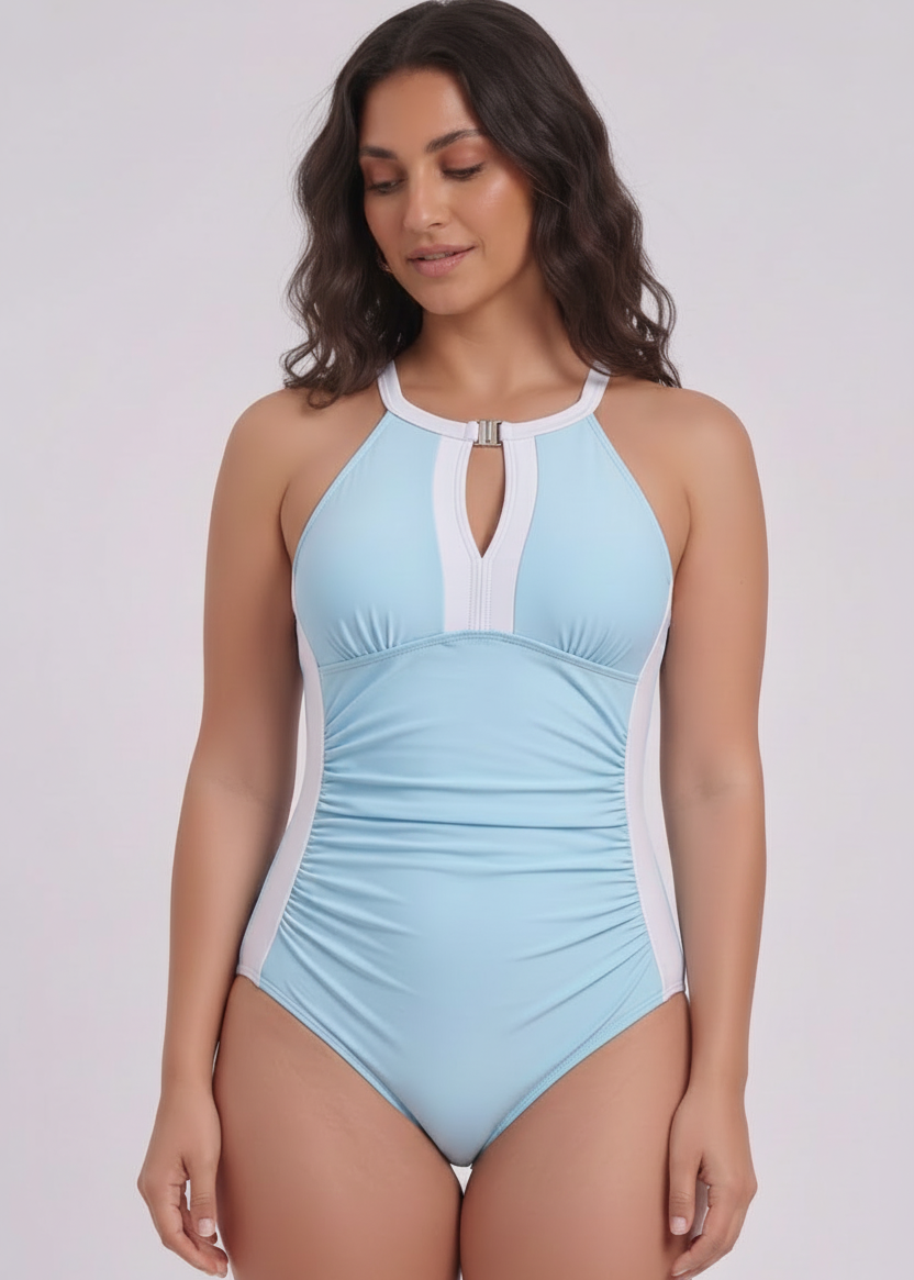 High Neck One Piece with Front Buckle - Pale Blue-Cheekkah