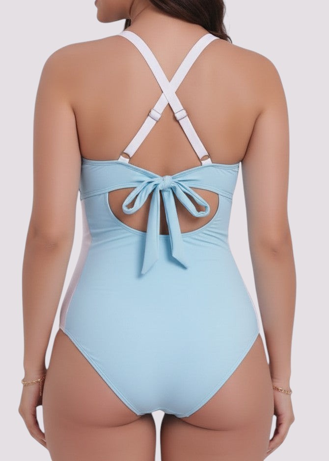 High Neck One Piece with Front Buckle - Pale Blue-Cheekkah