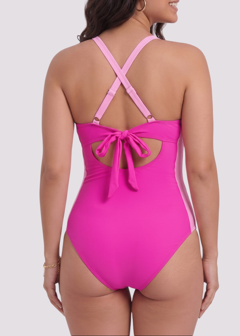 High Neck One Piece with Front Buckle - Pink-Cheekkah