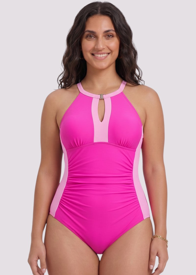 High Neck One Piece with Front Buckle - Pink-Cheekkah