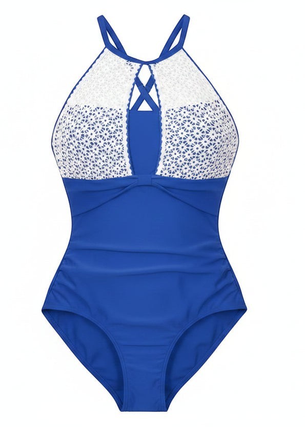 High Neck One Piece with Lace Detail - Blue-Cheekkah