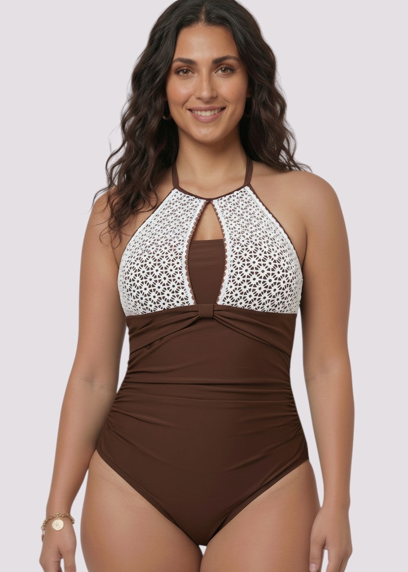 High Neck One Piece with Lace Detail - Brown-Cheekkah