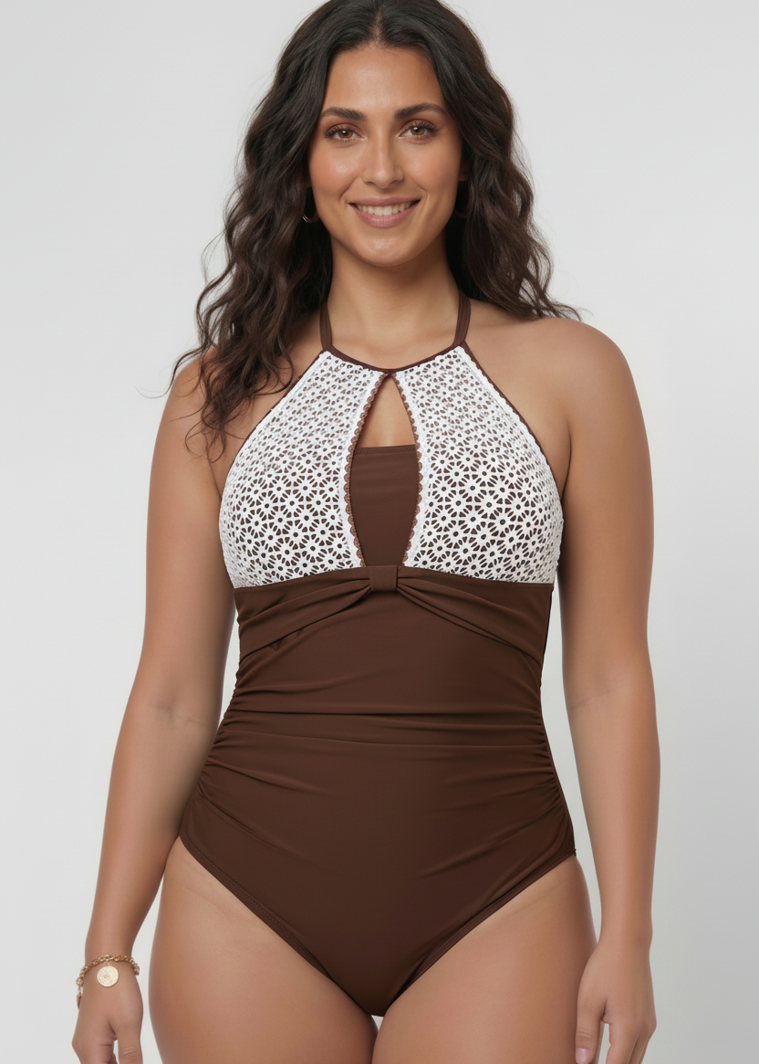 High Neck One Piece with Lace Detail - Brown-Cheekkah