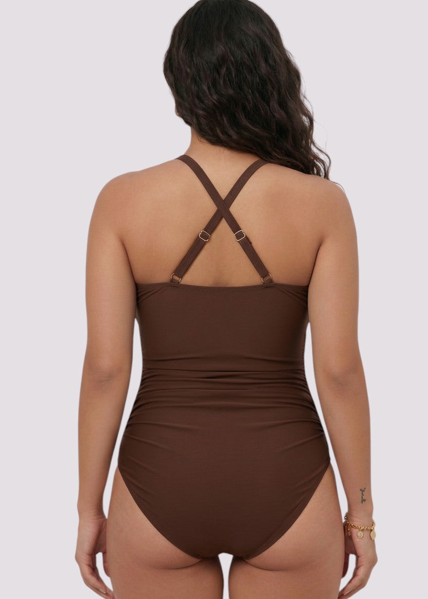 High Neck One Piece with Lace Detail - Brown-Cheekkah