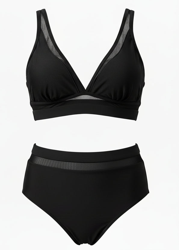 High Waisted Mesh V Neck Bikini Set - Black-Cheekkah