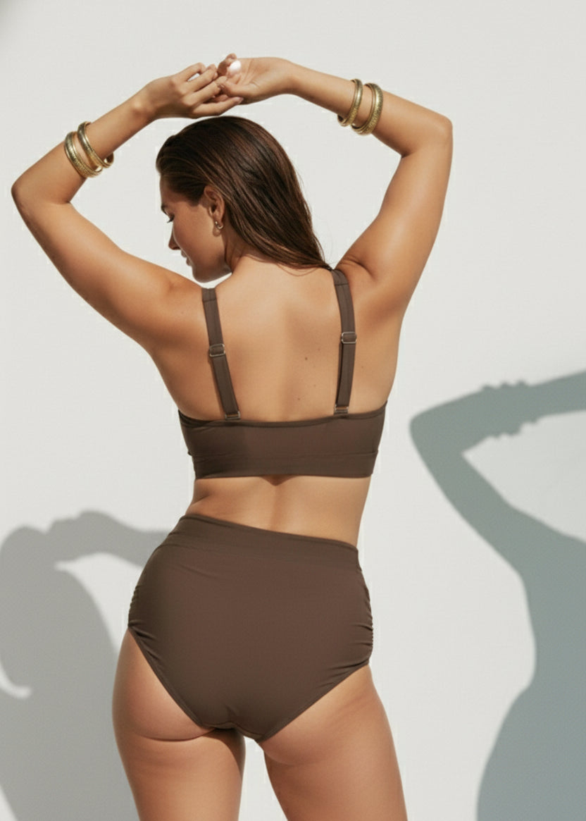 High Waisted Mesh V Neck Bikini Set - Brown-Cheekkah