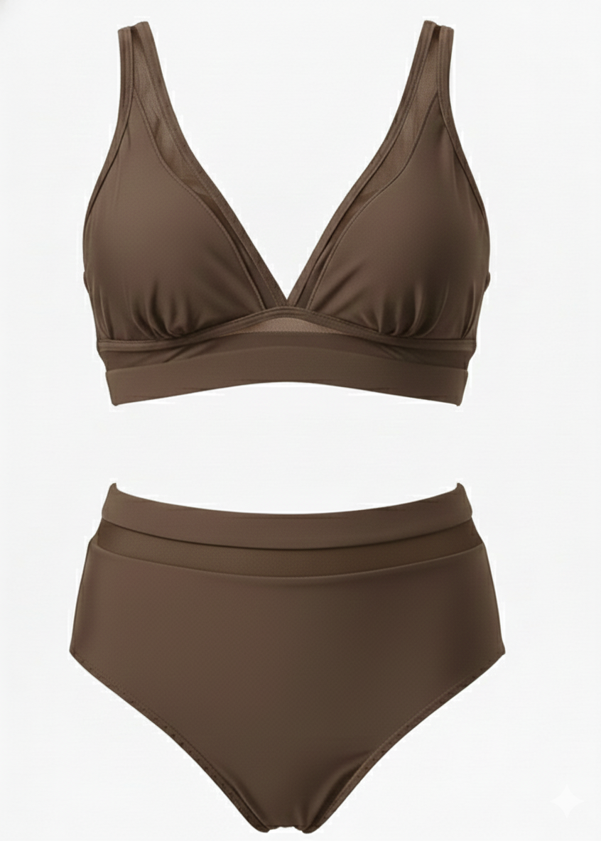 High Waisted Mesh V Neck Bikini Set - Brown-Cheekkah