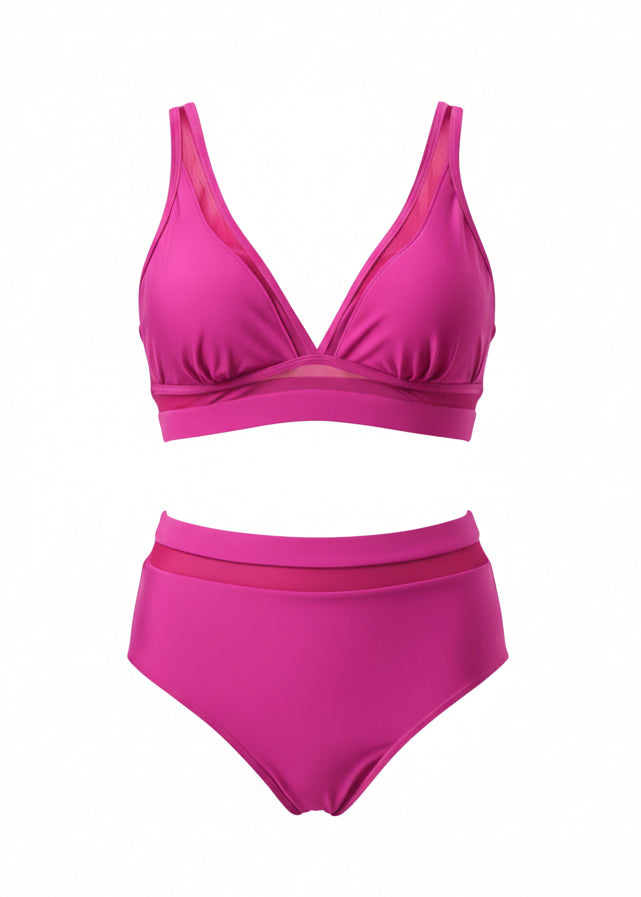 High Waisted Mesh V Neck Bikini Set - Pink-Cheekkah