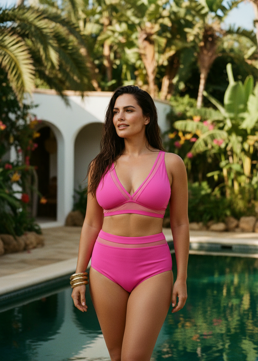 High Waisted Mesh V Neck Bikini Set - Pink-Cheekkah