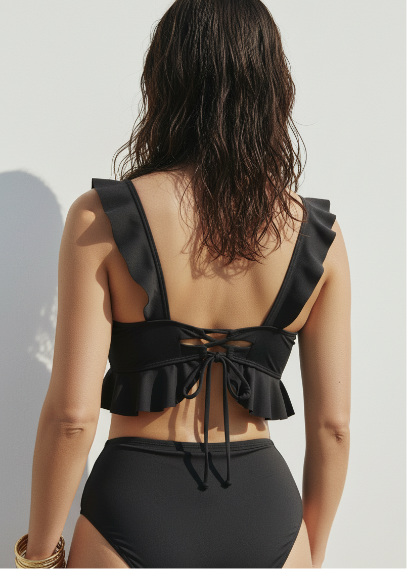 High Waisted Ruffle Bikini Set - Black-Cheekkah