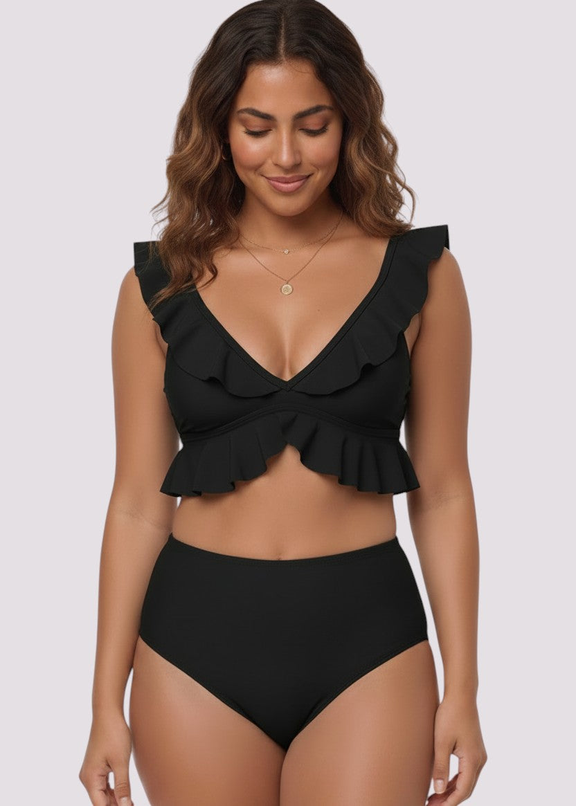 High Waisted Ruffle Bikini Set - Black-Cheekkah