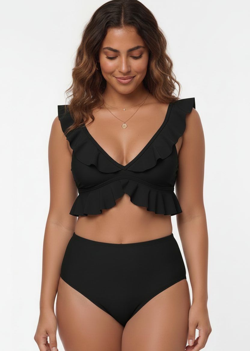 High Waisted Ruffle Bikini Set - Black-Cheekkah