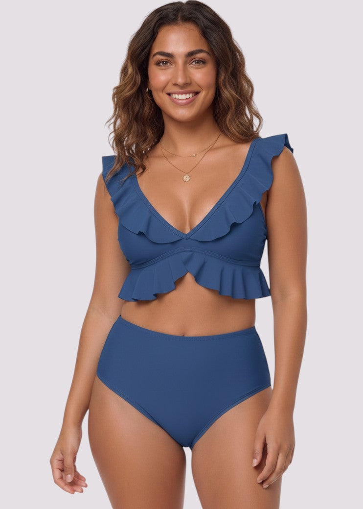 High Waisted Ruffle Bikini Set- Dusty Blue-Cheekkah