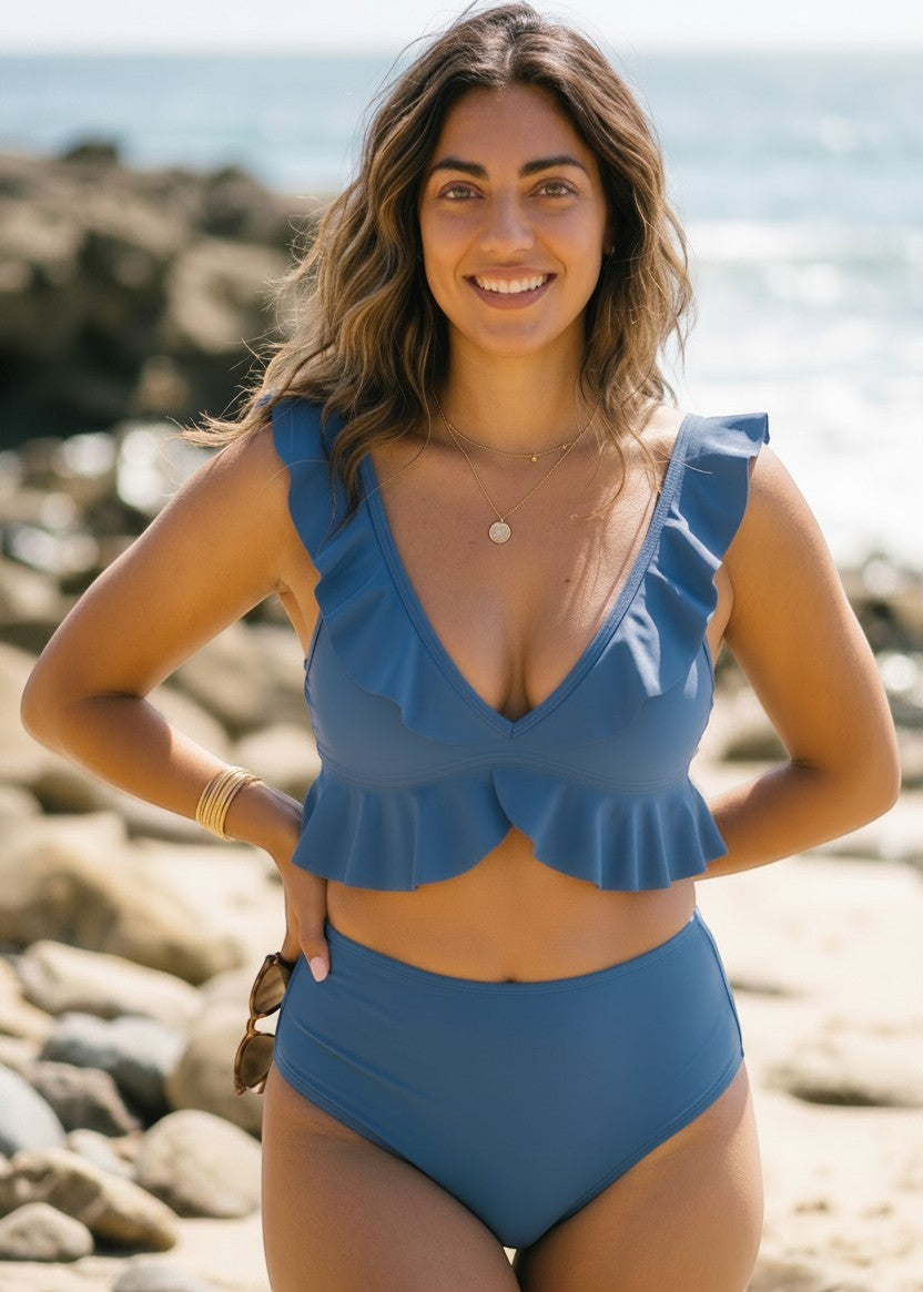 High Waisted Ruffle Bikini Set- Dusty Blue-Cheekkah