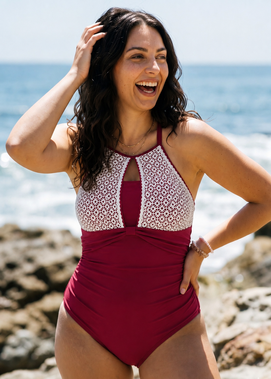 High Neck One Piece with Lace Detail - Red-Cheekkah