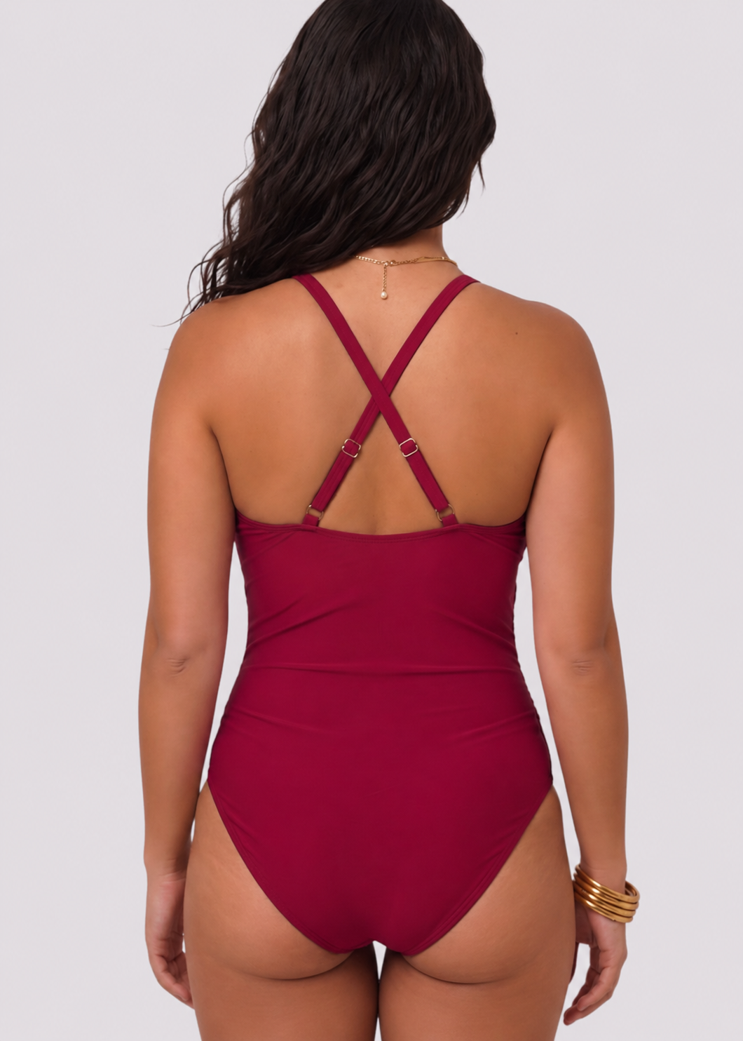 High Neck One Piece with Lace Detail - Red-Cheekkah