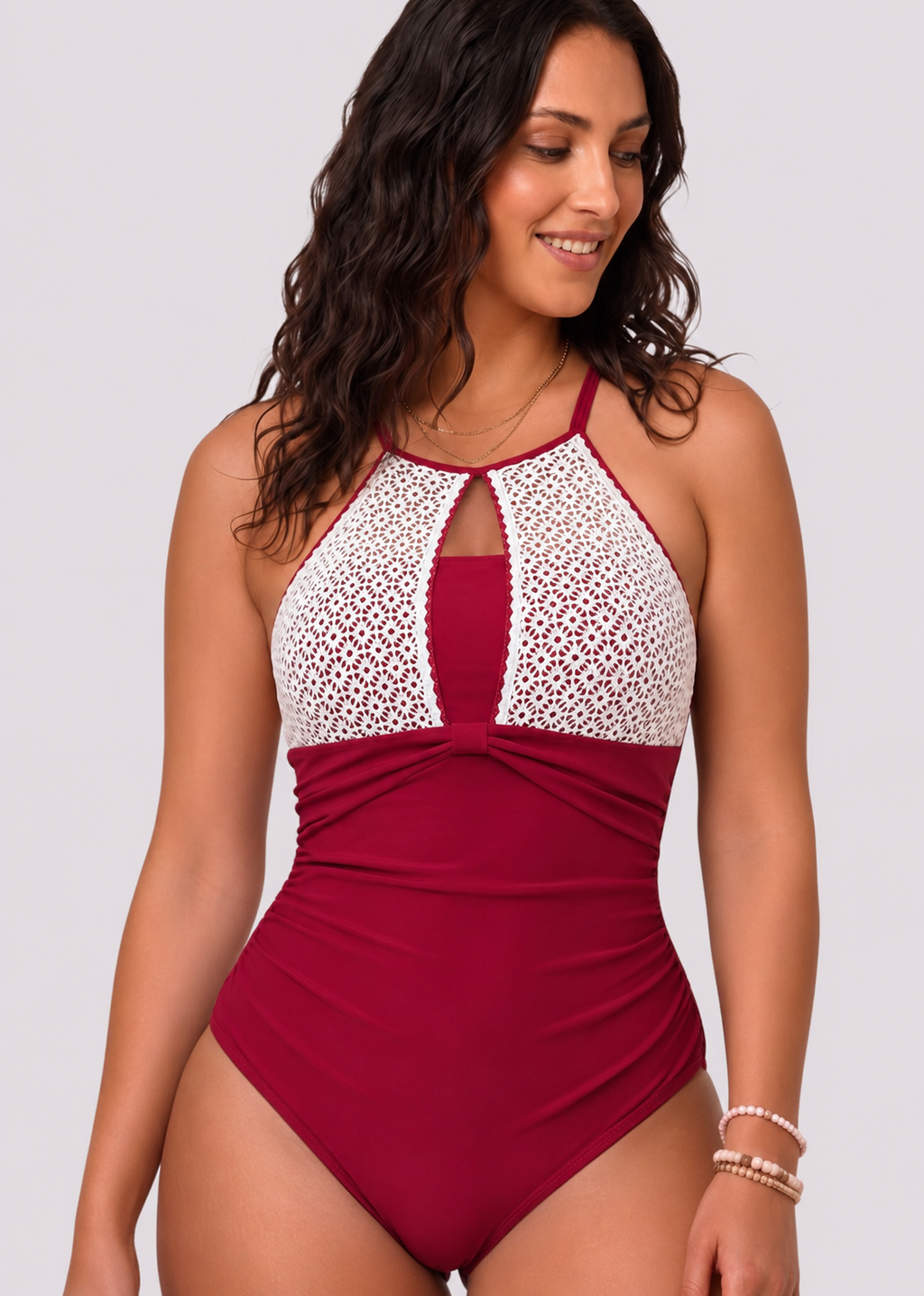 High Neck One Piece with Lace Detail - Red-Cheekkah