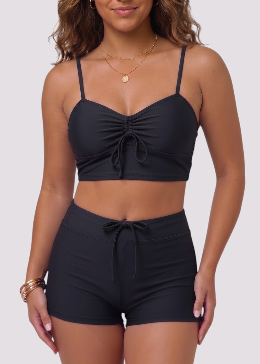 Lace Up Swim Shorties Sweetheart Crop - Black-Cheekkah