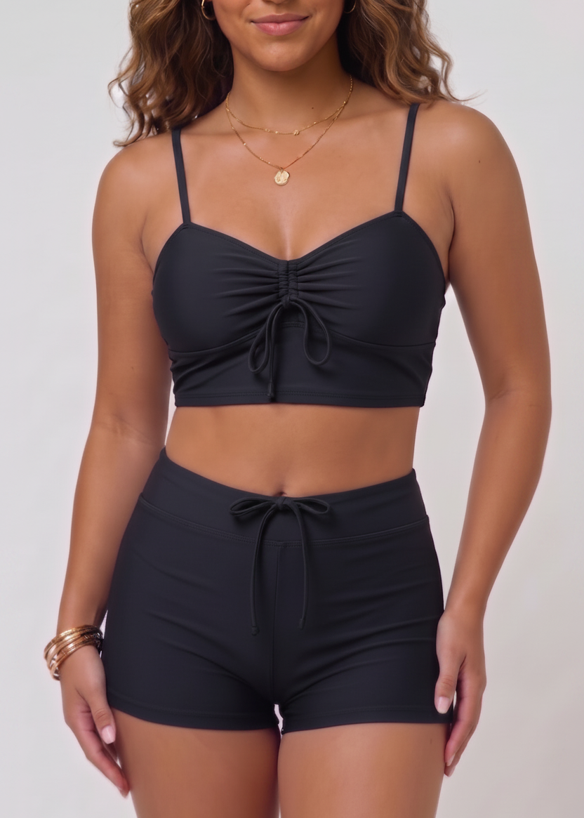 Lace Up Swim Shorties Sweetheart Crop - Black-Cheekkah