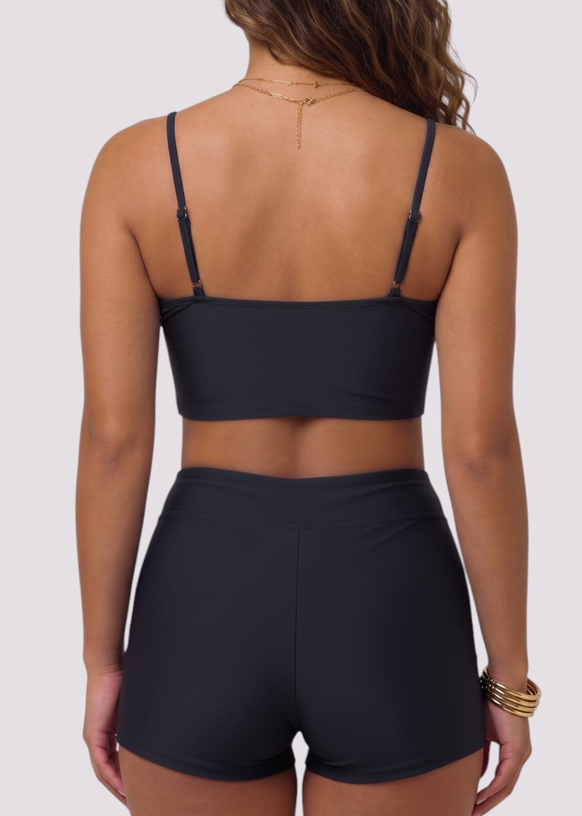 Lace Up Swim Shorties Sweetheart Crop - Black-Cheekkah