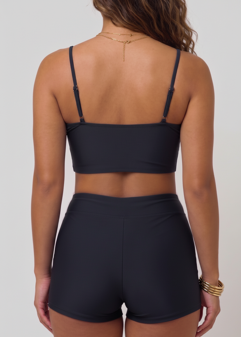 Lace Up Swim Shorties Sweetheart Crop - Black-Cheekkah