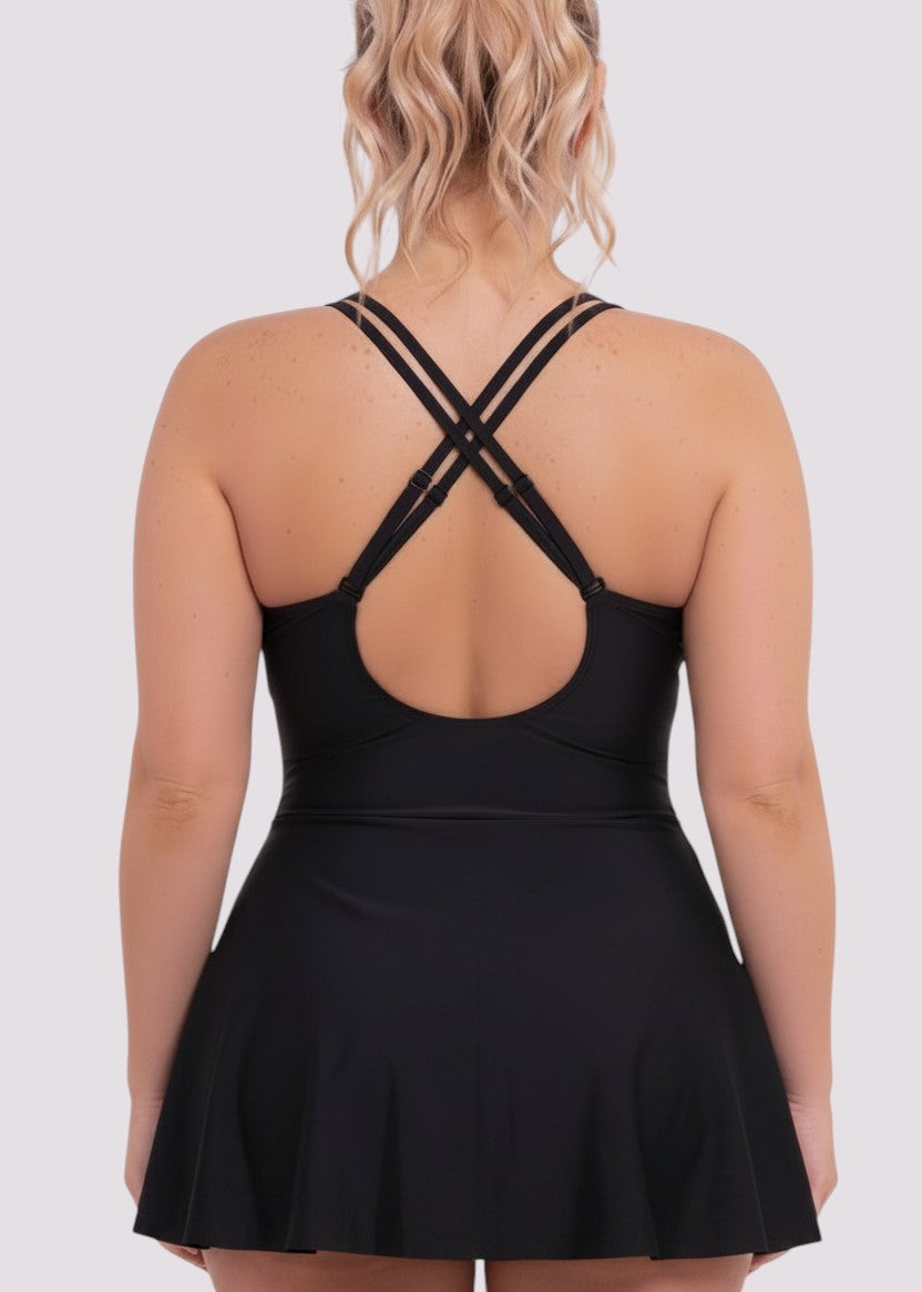 Ladder Detail Side Slit Swim Dress - Black-Cheekkah