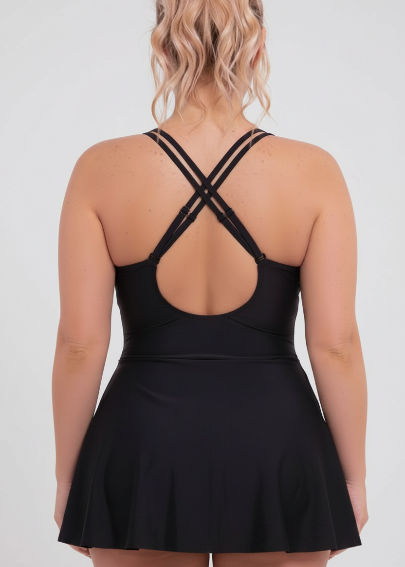 Ladder Detail Side Slit Swim Dress - Black-Cheekkah