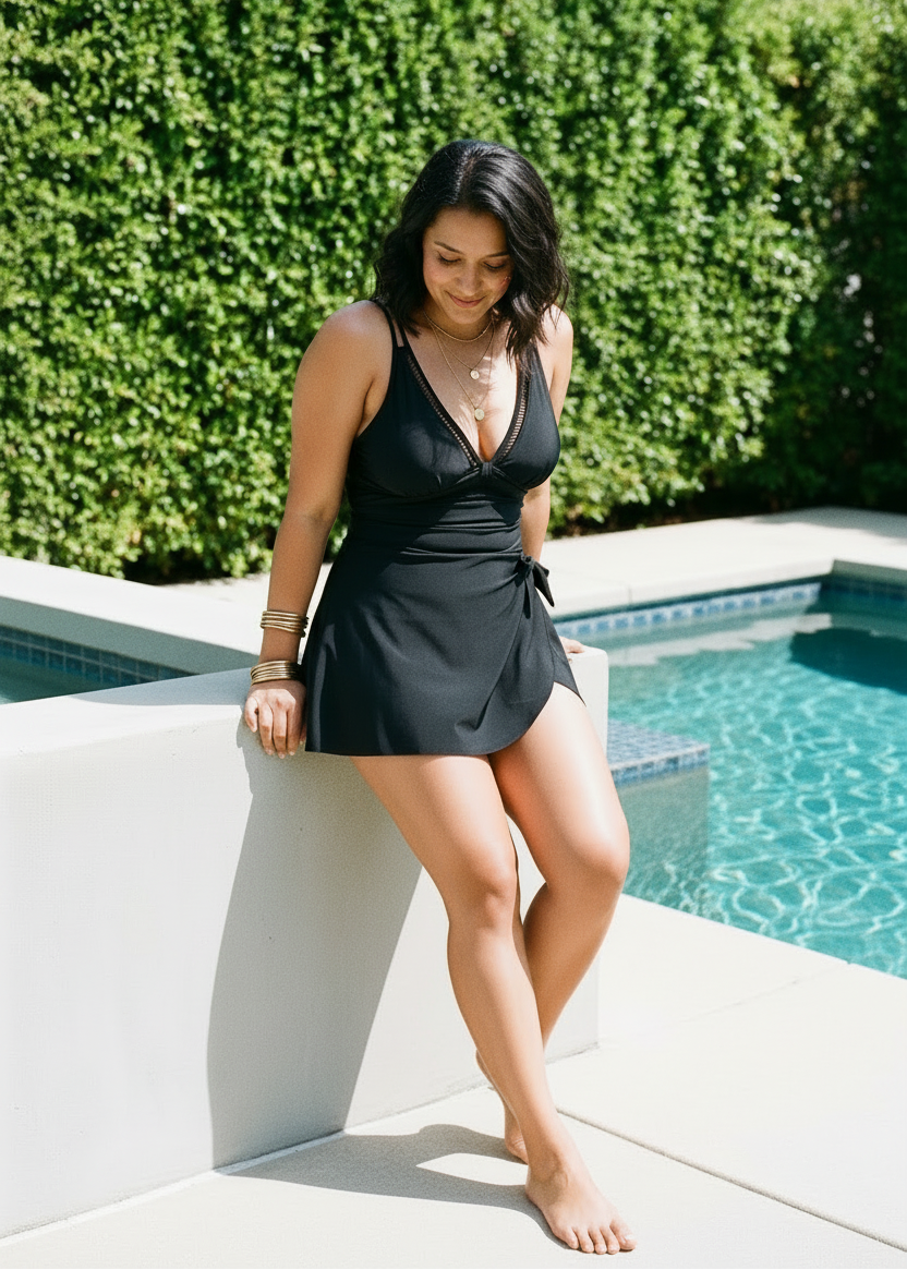 Ladder Detail Side Slit Swim Dress - Black-Cheekkah