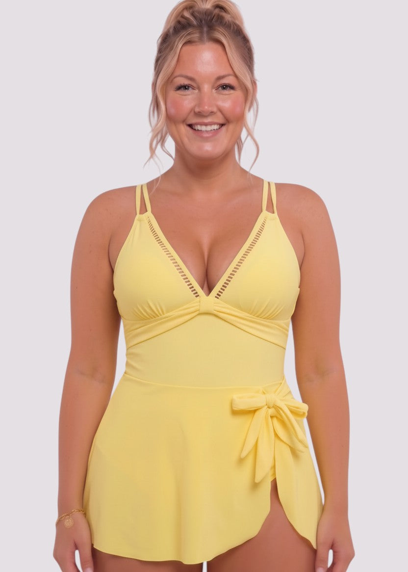 Ladder Detail Side Slit Swim Dress - Yellow-Cheekkah