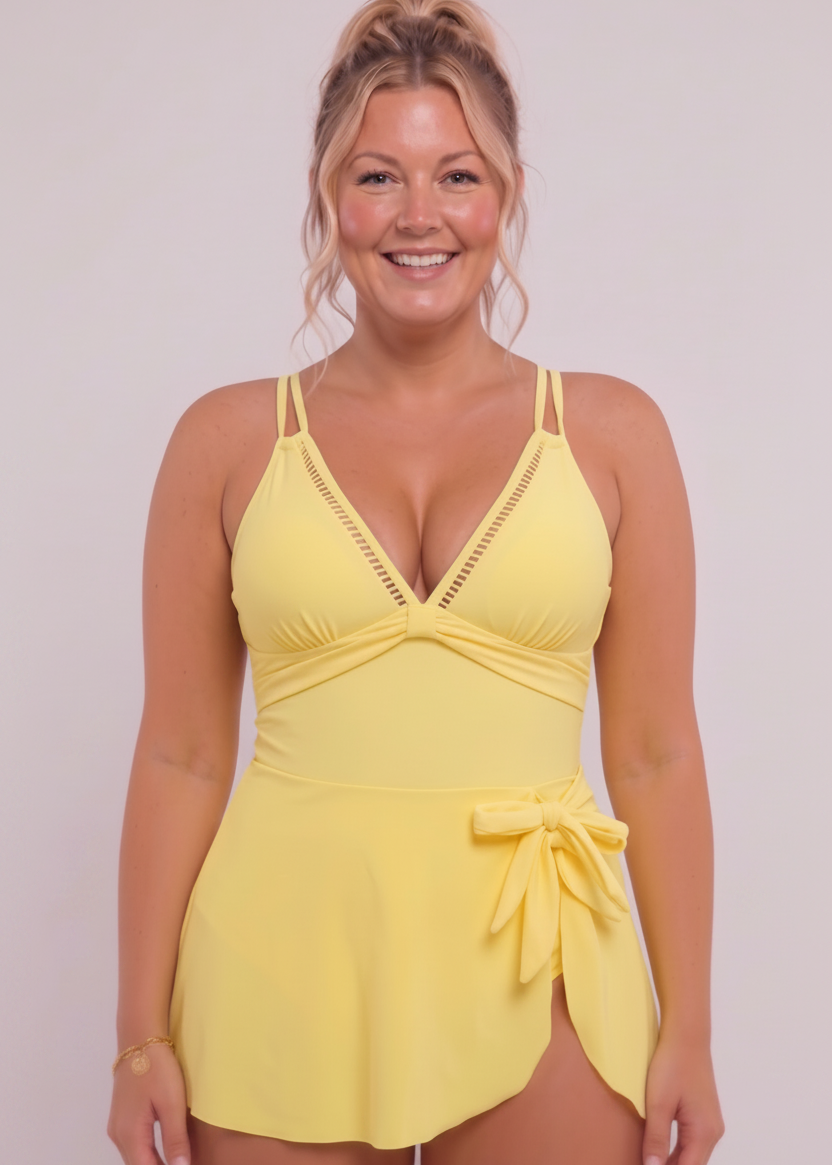 Ladder Detail Side Slit Swim Dress - Yellow-Cheekkah