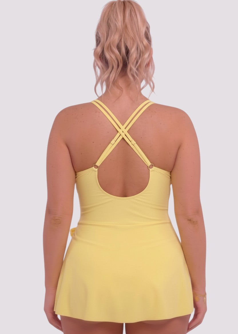 Ladder Detail Side Slit Swim Dress - Yellow-Cheekkah