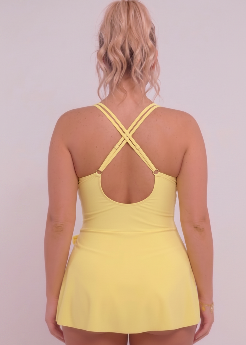 Ladder Detail Side Slit Swim Dress - Yellow-Cheekkah