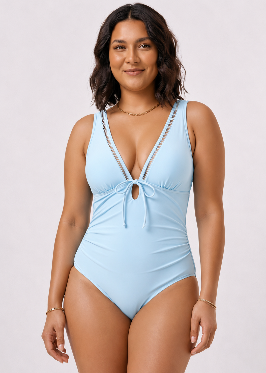 Ladder Trim V Neck One Piece - Blue-Cheekkah