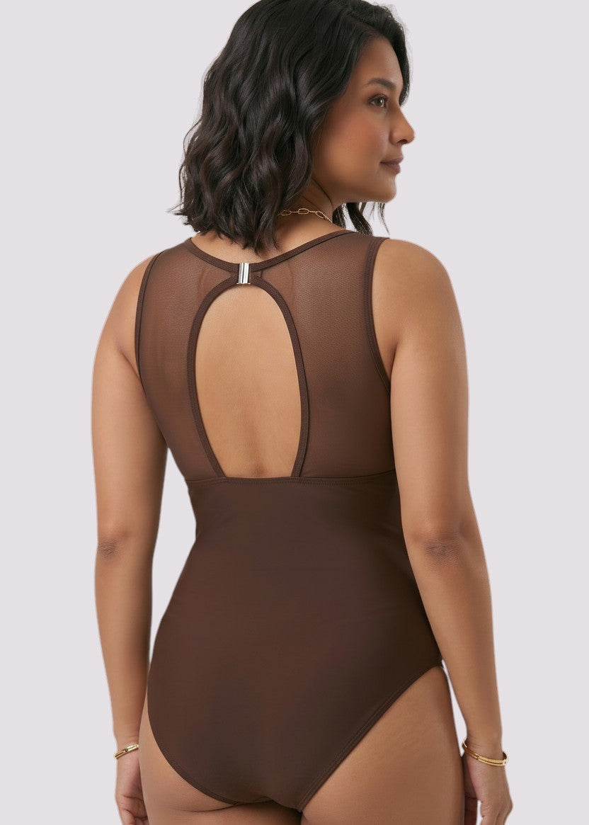 Ladder Trim V Neck One Piece - Brown-Cheekkah